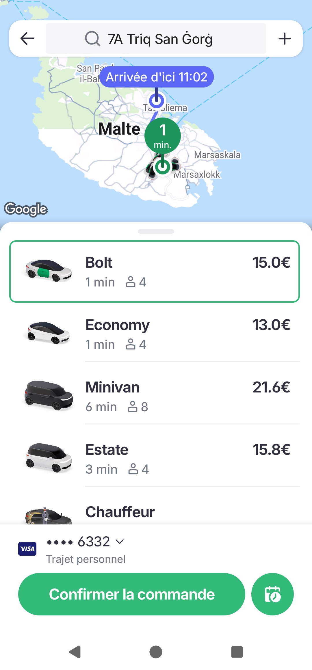 Bolt fare in Malta Screenshot of the Bolt app: fare estimate for a ride from Malta Airport to St Julian’s