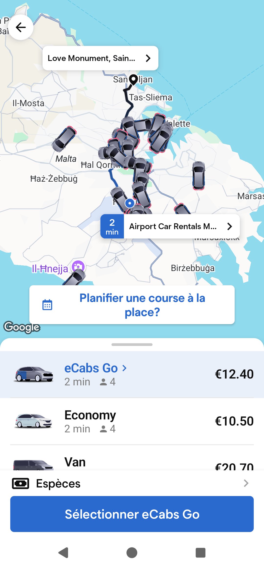 eCabs fare in Malta Screenshot of the eCabs app: fare estimate for a ride from Malta Airport to St Julian’s