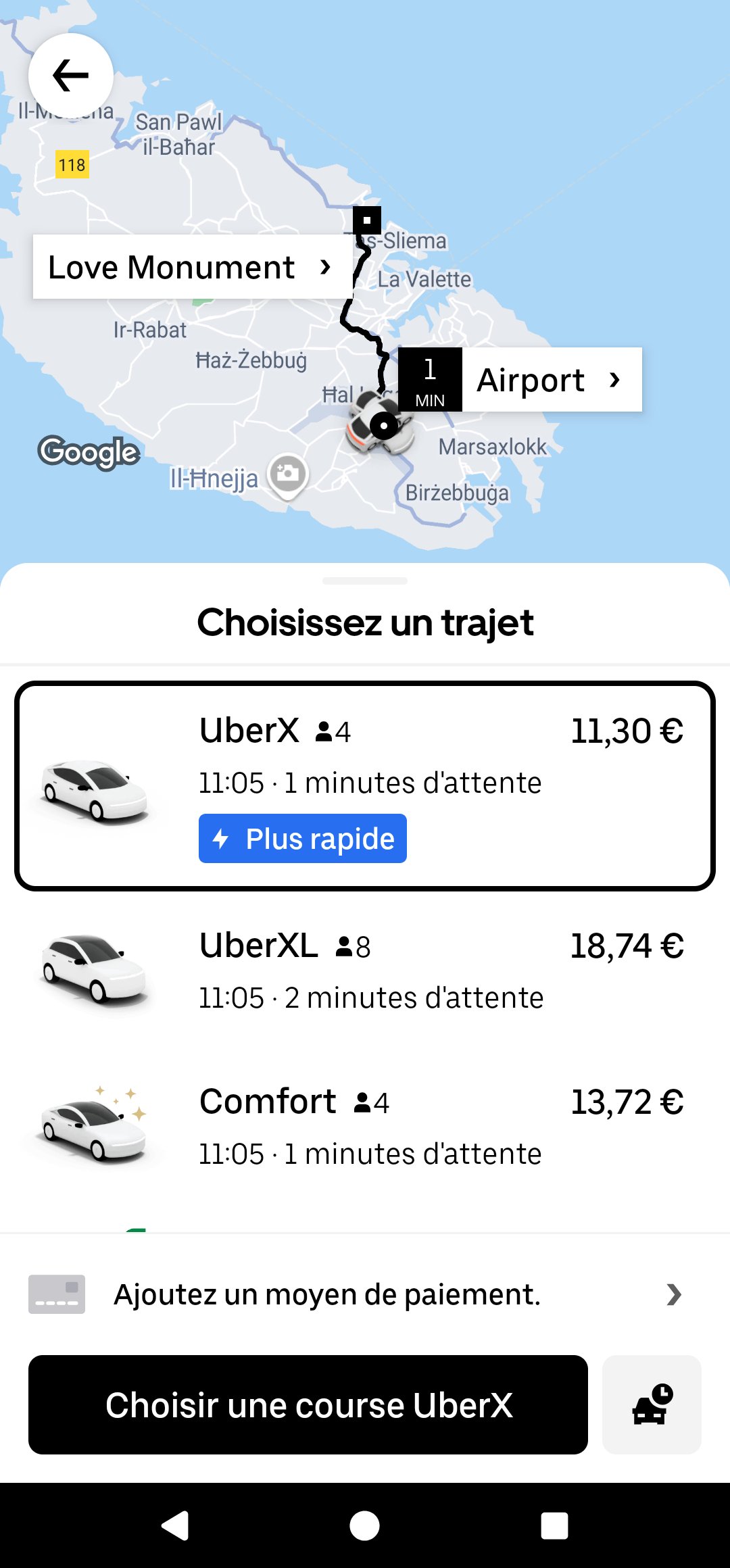 Uber fare in Malta Screenshot of the Uber app: fare estimate for a ride from Malta Airport to St Julian’s