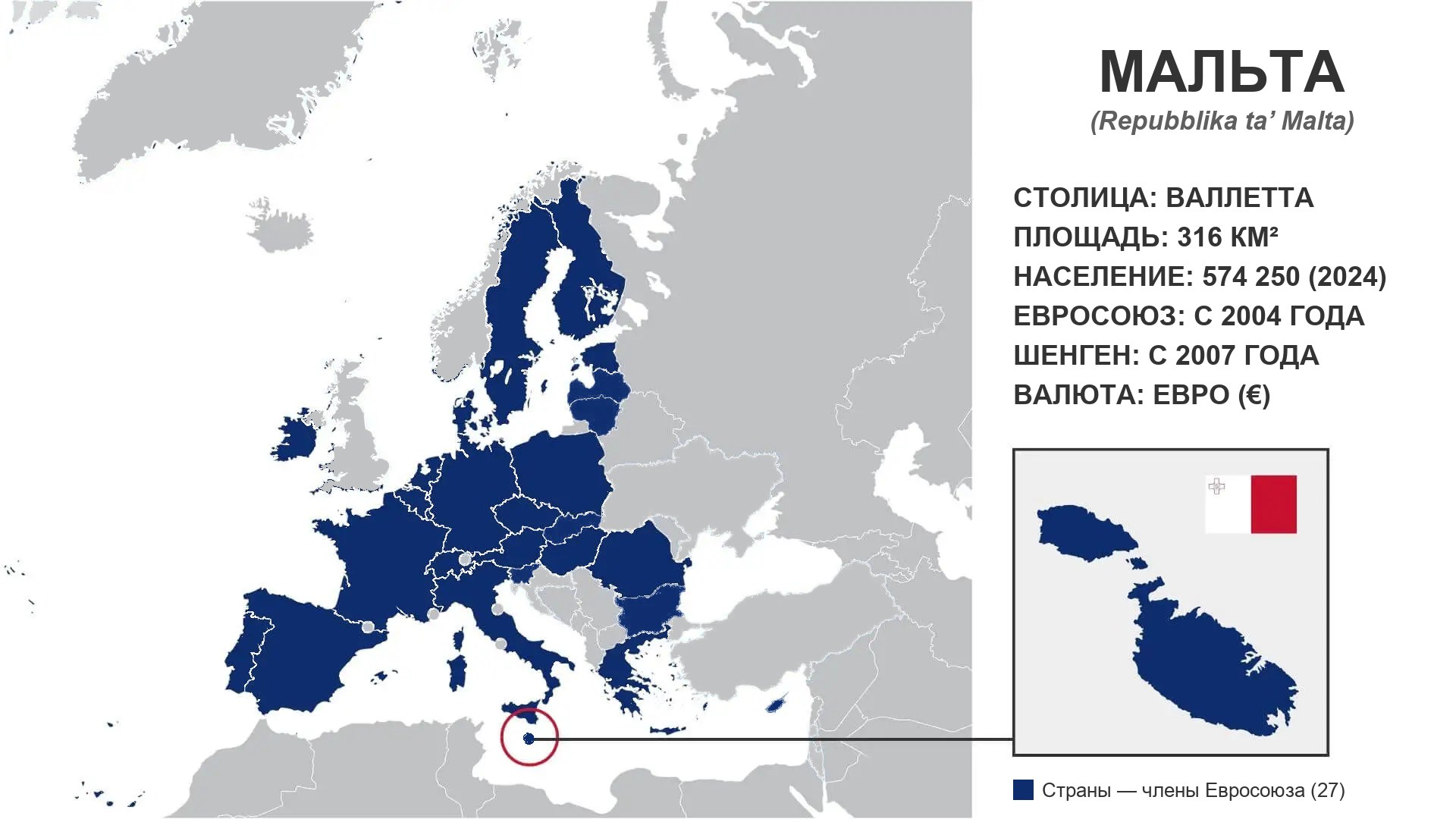 Мальта в Европе: карта и основные факты Карта Европы с расположением Мальты, члена Евросоюза, и основными фактами о стране