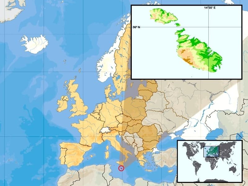 Localização de Malta Mapa da Europa que situa Malta a sul da Sicília, com destaque para as ilhas de Malta, Gozo e Comino
