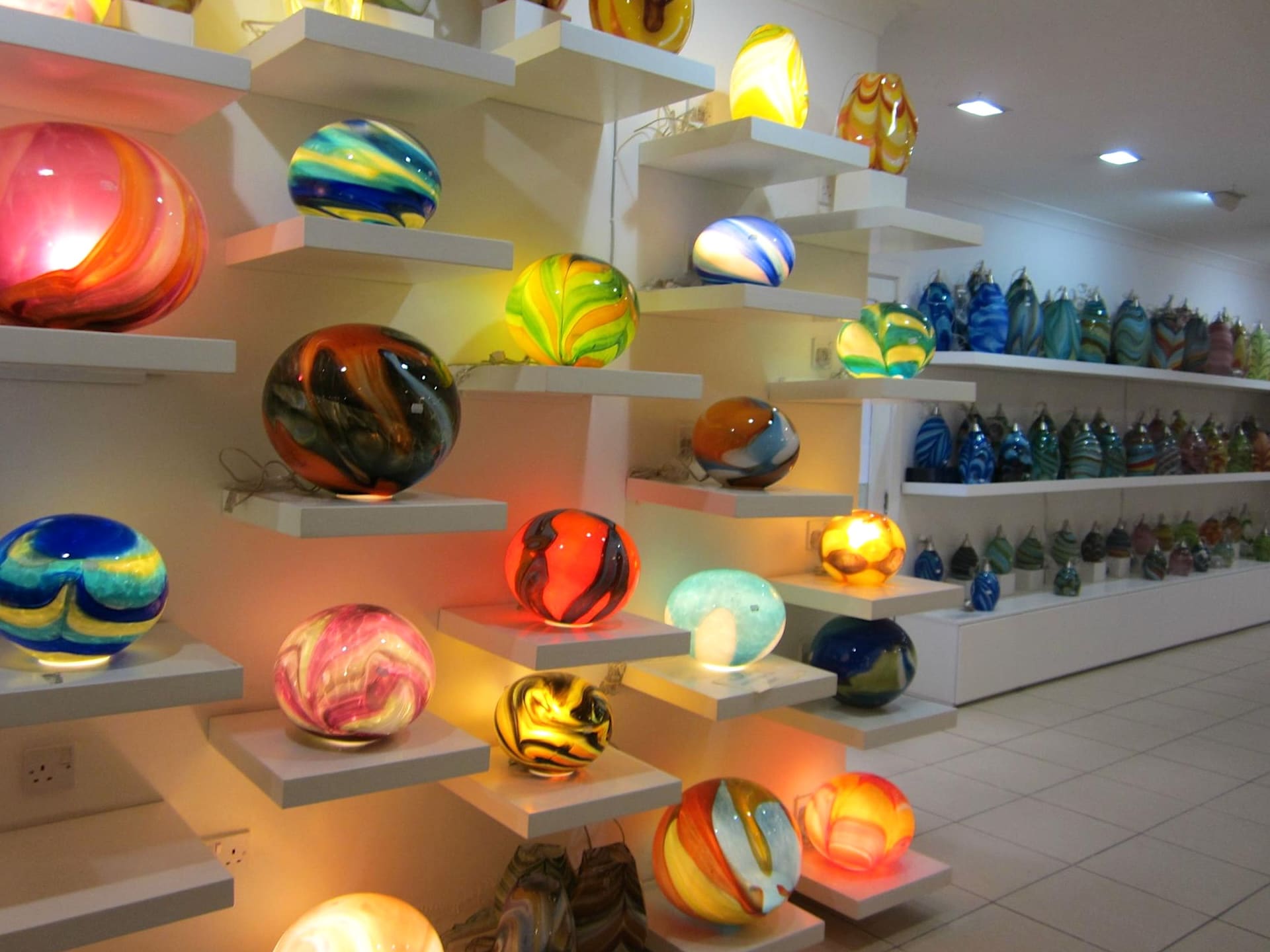 The Mdina Glass shop Colourful glass baubles in the Mdina Glass shop