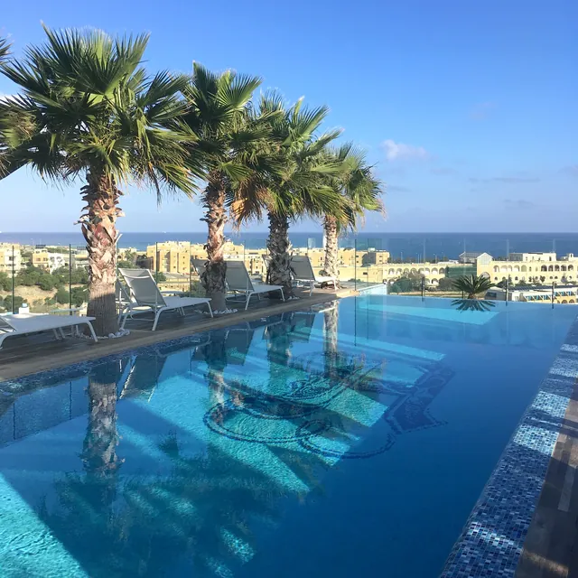 Piscine à débordement bordée de palmiers sur le toit du H Hotel & Spa à Malte