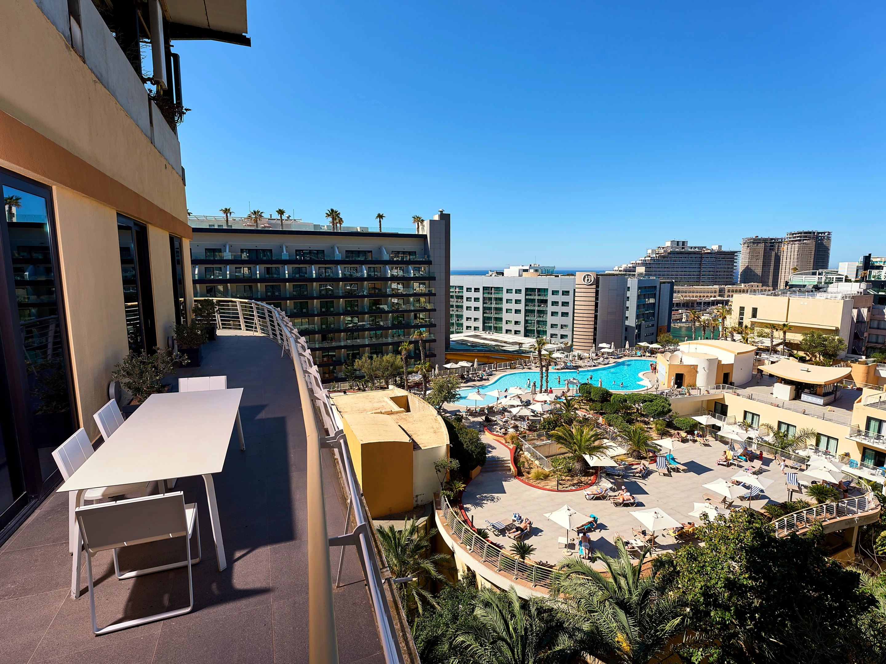 View from a terrace of the InterContinental Malta over the lagoon pool and garden