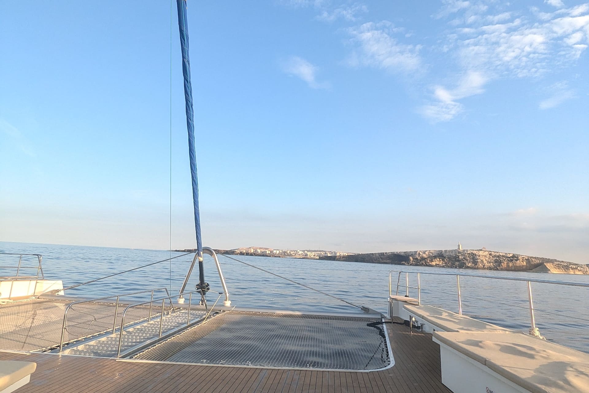 Catamaran to Comino, Malta Bow of a catamaran heading to Comino