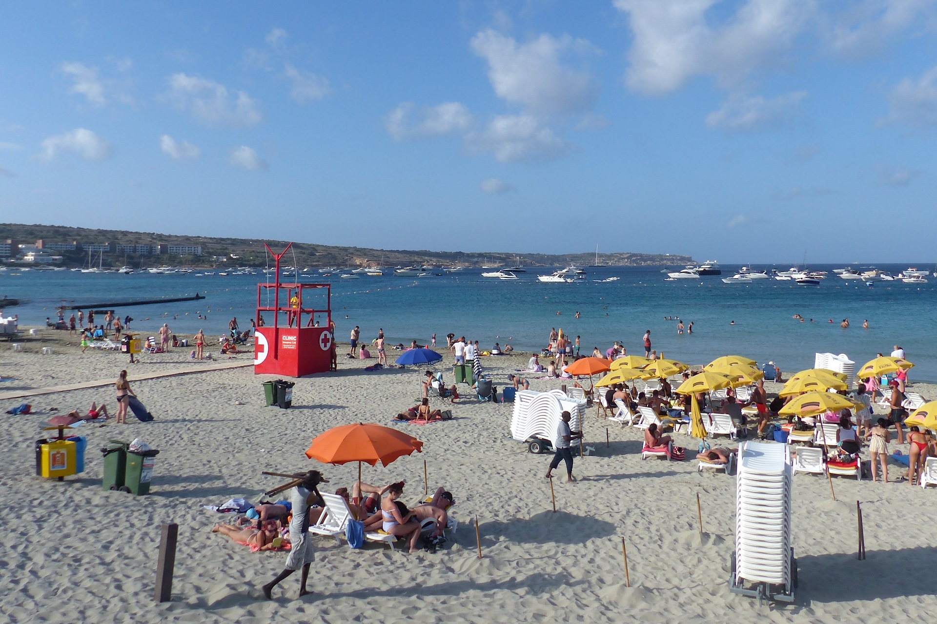 Malta Beach Mellieha Bay Mellieha Bay beach with a red lifeguard post