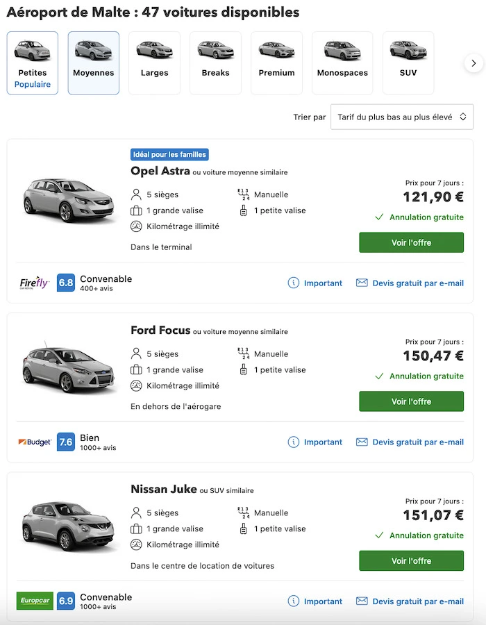 Prices for weekly medium car rental in Malta