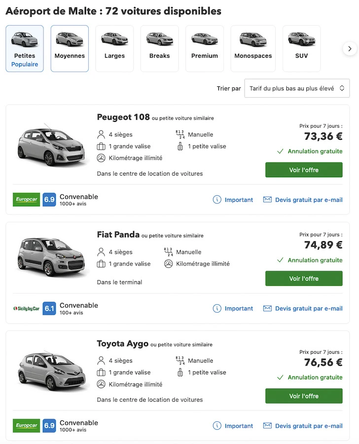 Precios del alquiler semanal de coches pequeños en Malta