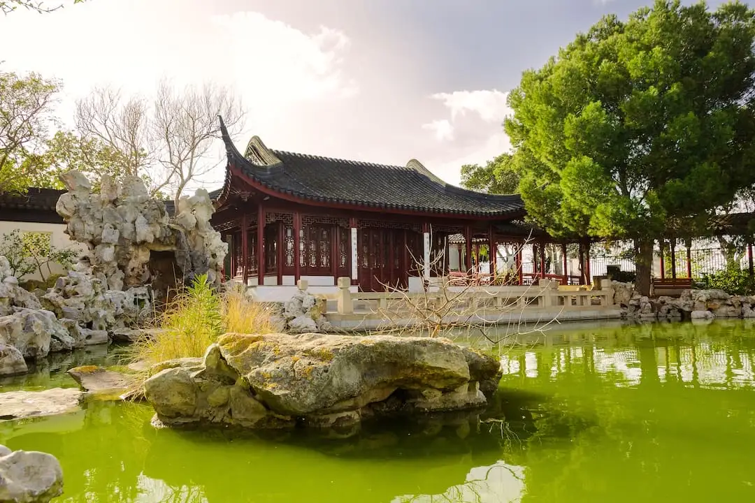 Japanese garden with green water pond in Malta