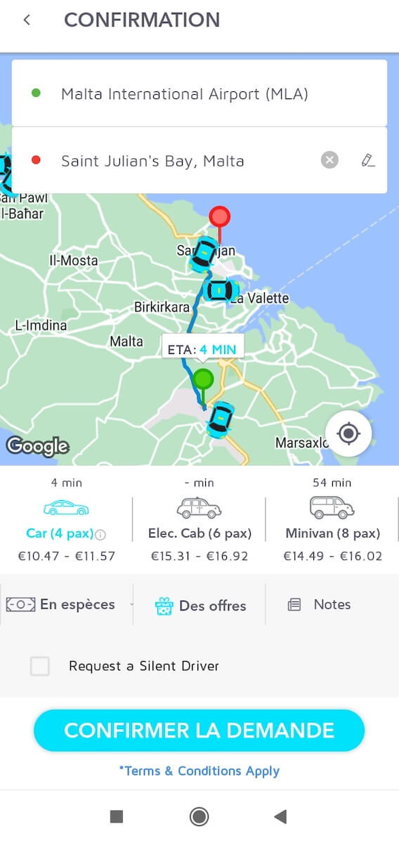 Prix d'une course entre Saint Julian's et l'aéroport avec Ryde