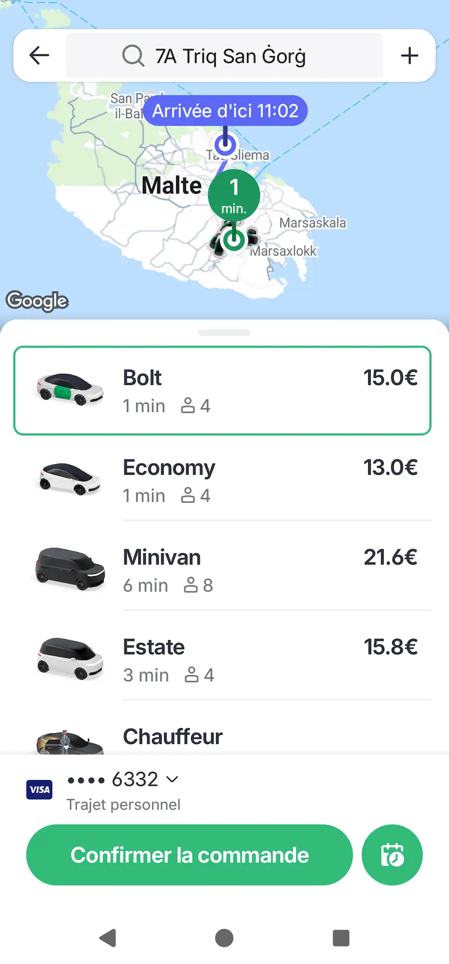 Screenshot di una corsa dall'aeroporto di Malta a Saint Julian’s con Bolt