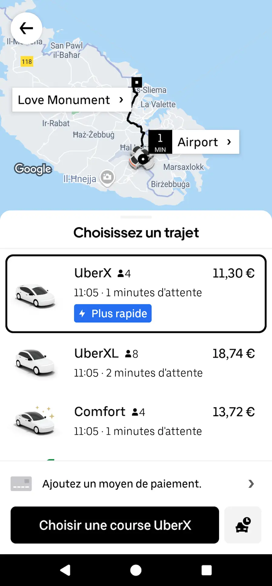 Screenshot di una corsa dall'aeroporto di Malta a Saint Julian’s con Uber