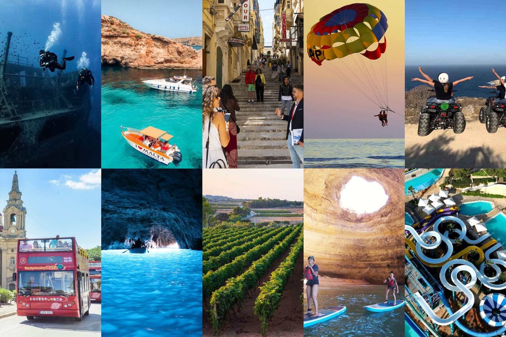 Mosaico de imagens com 10 atividades para fazer em Malta