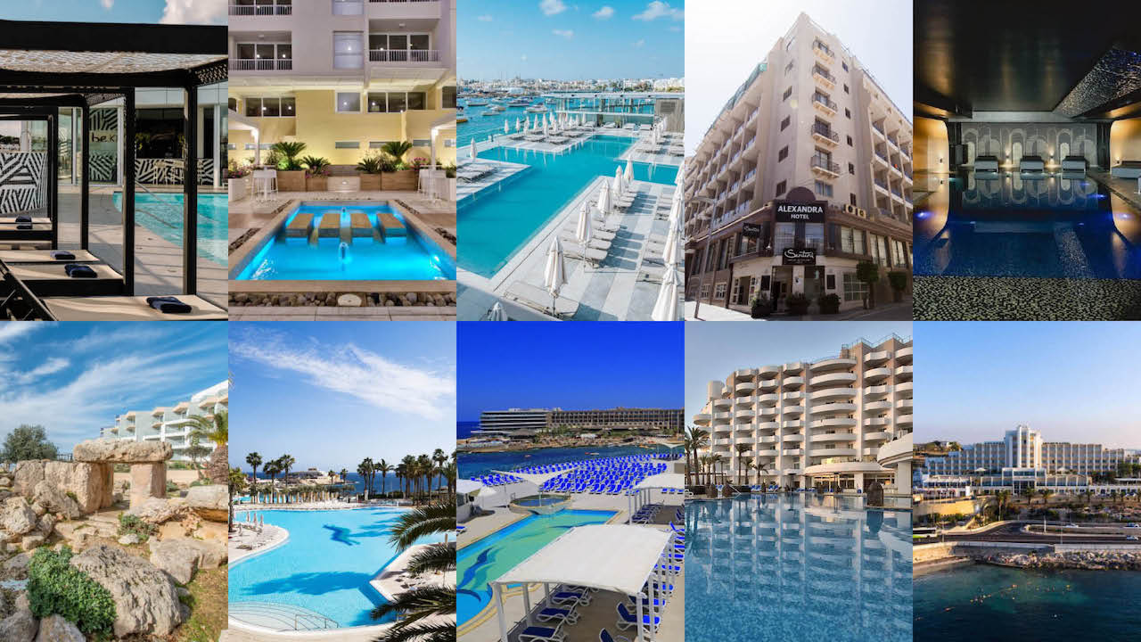 Thumbnails of the 10 most popular hotels in Malta