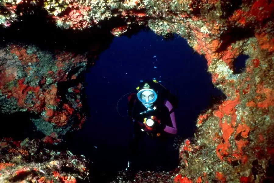 Plongeur explorant une arche sous-marine à Malte