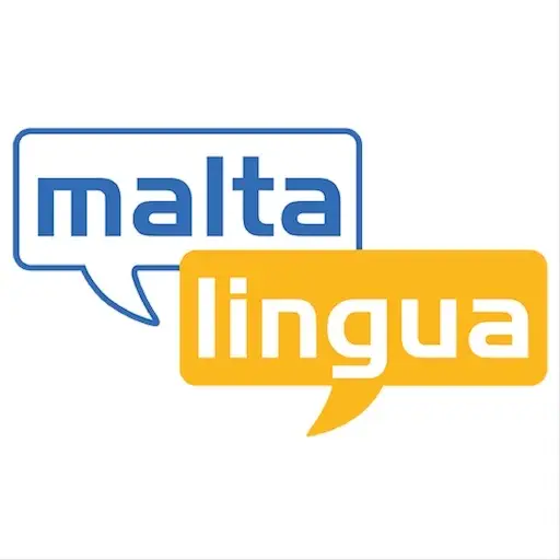 Logotipo de Maltalingua Logotipo azul y amarillo de Maltalingua