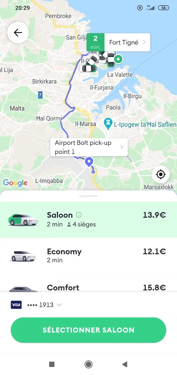 Condutores disponíveis entre o aeroporto de Saint Julian e Malta (Bolt)