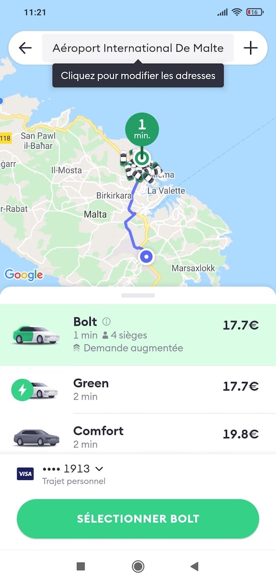 Price of the journey from St. Julian's to Malta Airport with Bolt