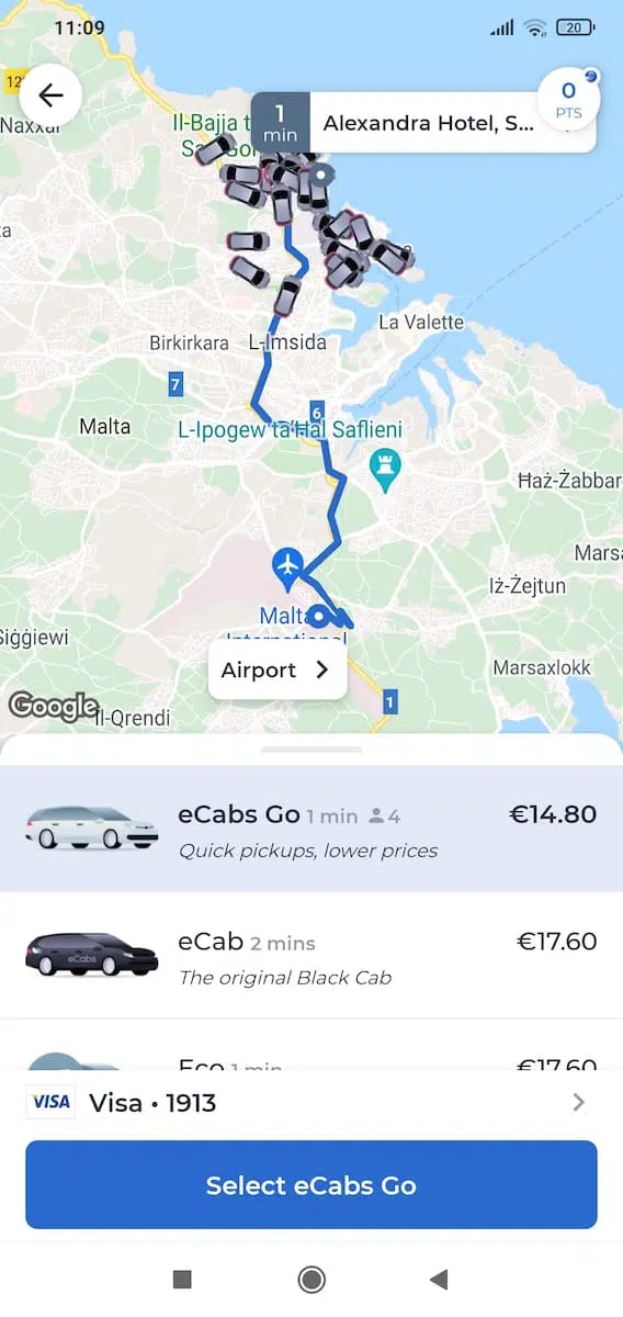 Motoristas disponíveis entre Sliema e o Aeroporto de Malta (eCabs)